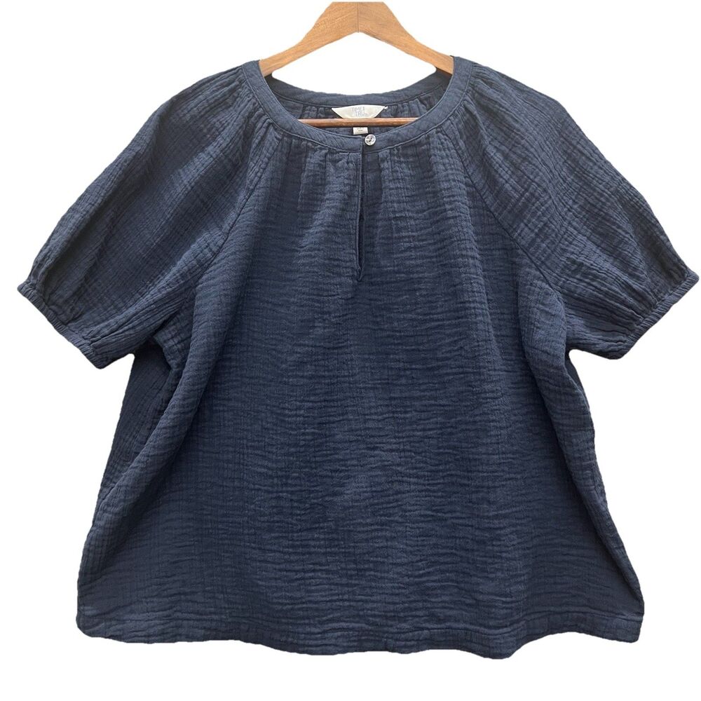 Time and Tru Blouse XL Blue 100% Cotton Gauze Short Sleeve Boho Coastal